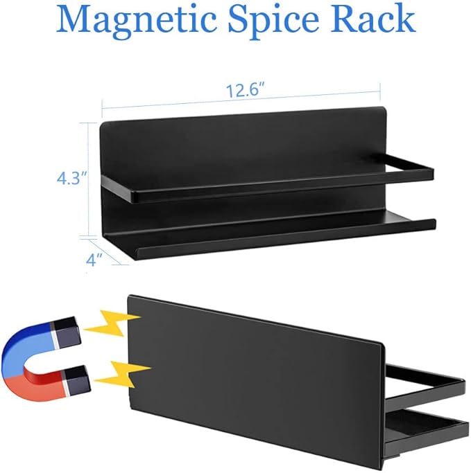 Magnetic Spice Rack Holder for Refrigerator Fridge Side Organizer Magnetic Shelf For Kitchen, Space Saver Container for Kitchen/Apartment, Drill free, Black，4 Pack