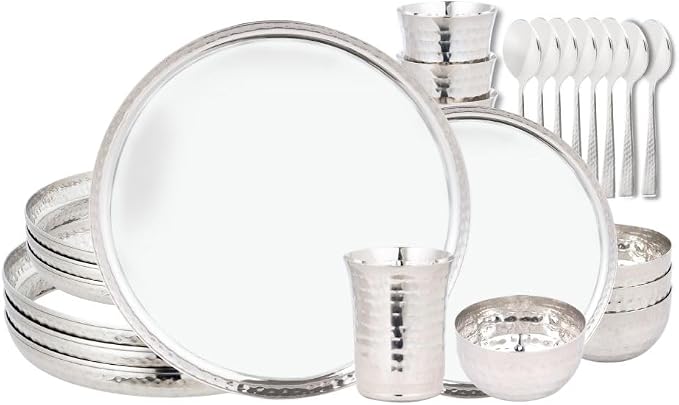 Stainless Steel Dinnerware Hammered 28-Piece Dinner set Dishwasher safe ~ Indian Style (Service for 4)