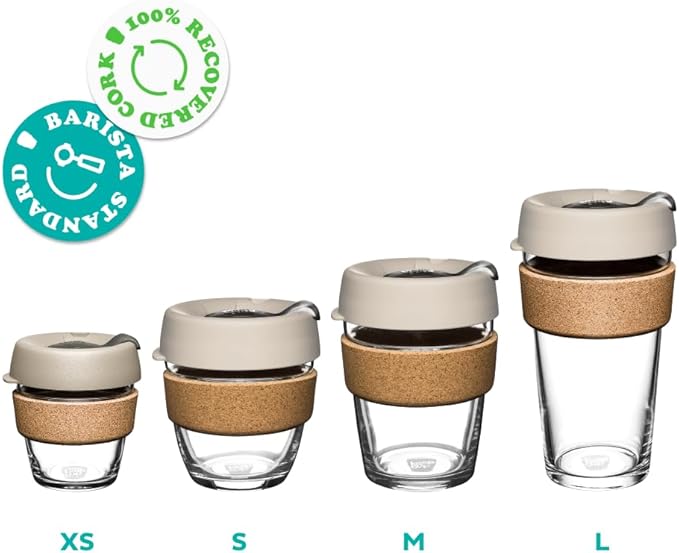 KeepCup Brew Cork, Reusable Glass Tumbler with Natural Cork, Espresso Coffee Cup 6oz/227ml - Black