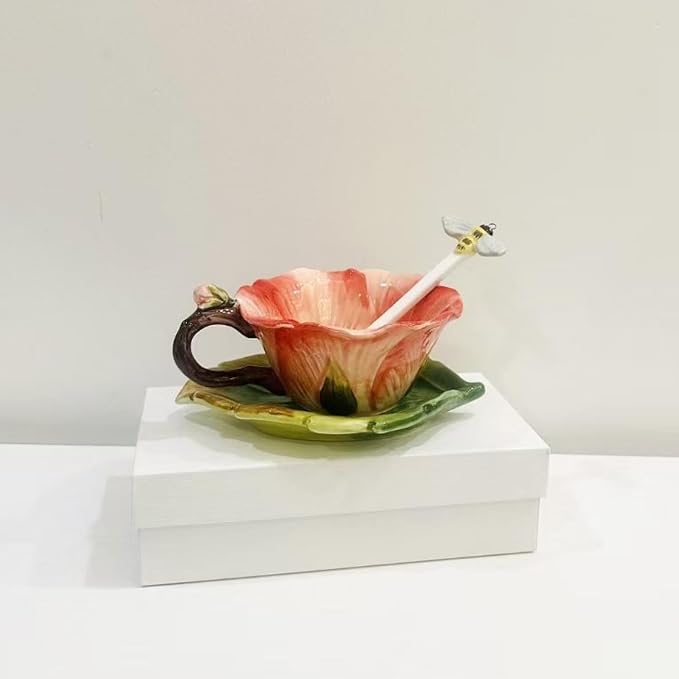 Ceramic Pansy Coffee Cup and Saucer Set with Spoon，6OZ 3D Hand-Painted Flower Tea Mug，Gift for Women (Red)