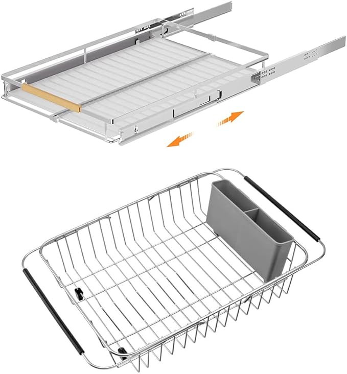 SANNO Expandable Pull Out Cabinet Organizer Kitchen Sliding Shelf Under Sink Shelf, Over The Sink Expandable Dish Drying Rack, Dish Drainer, Stainless Steel Dish Drainer Rack for Dishes Storage