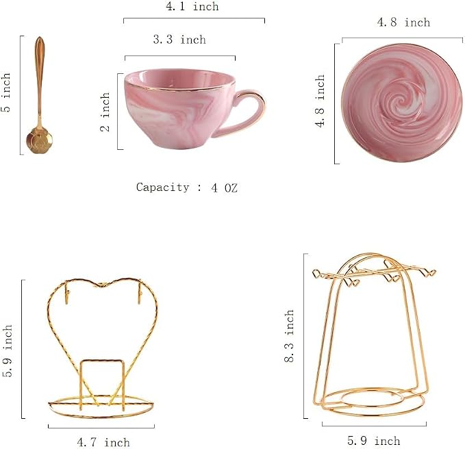 Ceramic Espresso Cups Set with Saucers and Metal Stand, 4 oz Porcelain Stackable Cappuccino Cups Teacup For Tea, Espresso, Latte, Coffee, Cafe Mocha (Pink