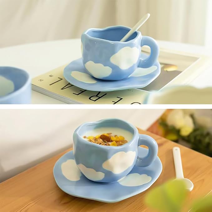 Noviko Cloud Mug with Saucer Ceramic Cloud Teacup for Girls Mum 11 oz
