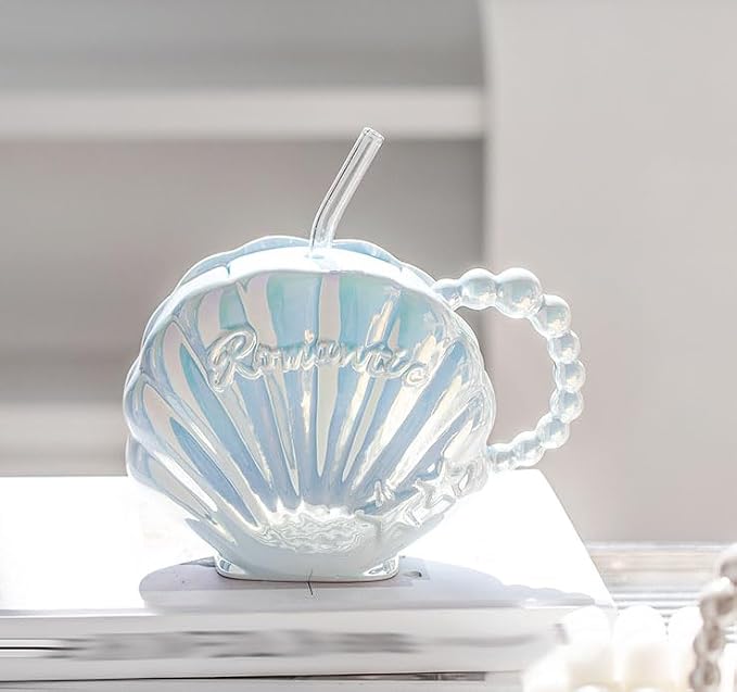 Pearl Shell Ceramic Coffee Mug for Tea Latte Milk Cute Cup for Home Office Women Gift 6.5 oz (Shell with Straw Blue, 450 ml)