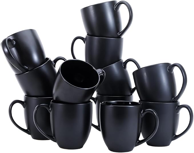 Amazon Basics 12-Pack Matte Black Ceramic Coffee Mug, 16 ounces, Microwave and Dishwasher Safe, Stoneware, Commercial-Grade