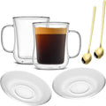 Double Wall Glass Teacups and Coffee Mugs Set, Clear, 8.5oz, 2 Pack | Waisted Style Tumblers With Saucer and Spoon, For Cappuccino, Latte, Hot and Cold Drinks