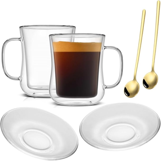 Double Wall Glass Teacups and Coffee Mugs Set, Clear, 8.5oz, 2 Pack | Waisted Style Tumblers With Saucer and Spoon, For Cappuccino, Latte, Hot and Cold Drinks