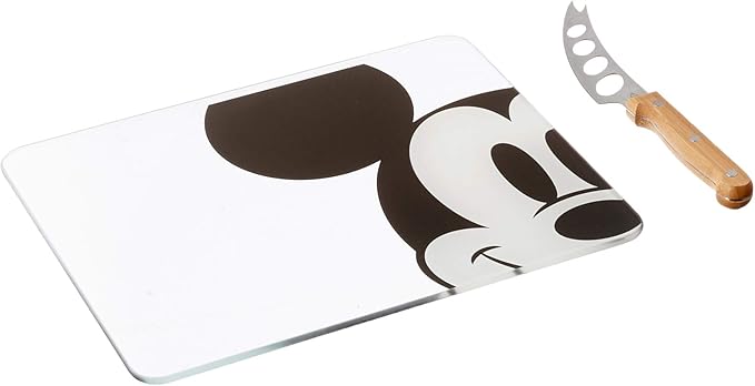 PICNIC TIME Disney Mickey Mouse Icon Glass Top Cheese Board and Knife Set, Charcuterie Serving Tray, Removable Tempered Glass, Parawood and Bamboo Design, (Parawood & Bamboo)