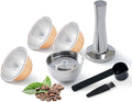 Stainless Steel Reusable Pod Comatible with Vertuo Next +EMPTY Refillable Alumium Coffee Pods-80+150+230ml Each 6 Pcs + 1Pcs Coffee Capsule Tamper For Reusable nespresso Vertuo Next Pods
