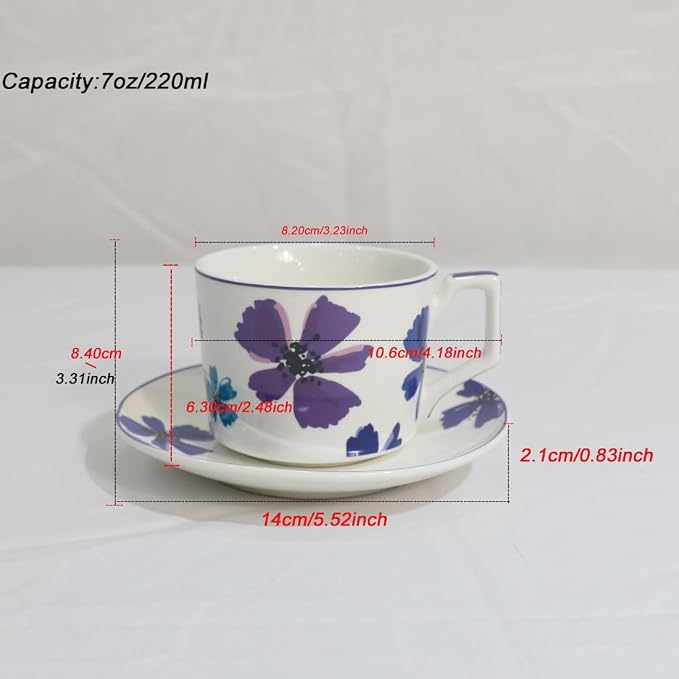 GuangYang 7oz Tea Cups set of 6, Fancy Color Flowers Design (Durable Porcelain for Hot Tea, Coffee, Latte,Small Macchiato, Cappuccino, Chocolate Drinks and Party)