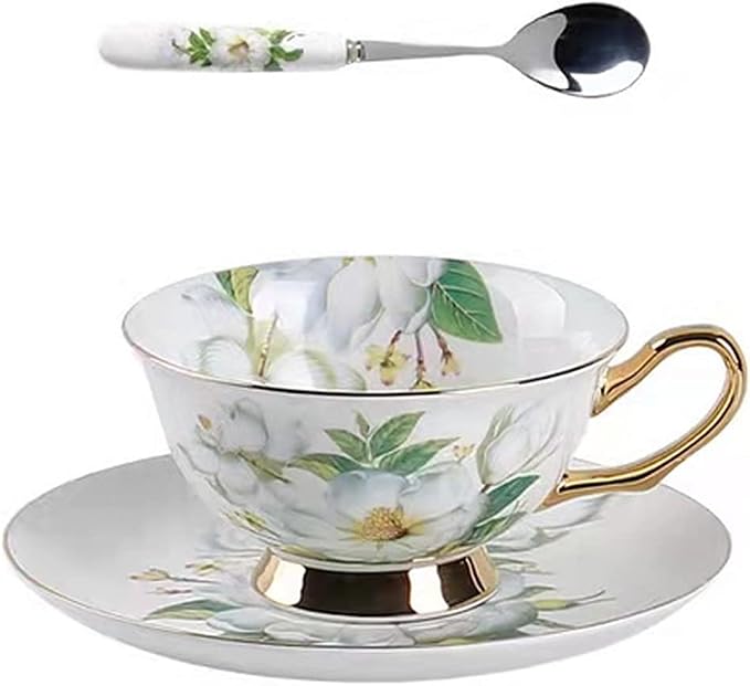 Honorable Coffee Cup Mug, Cappuccino, Tea Cup, with Saucer for Latte, Fine Bone Porcelain, Reactive Glaze, 6.8 Oz-1pcs (Pure White Camellia)