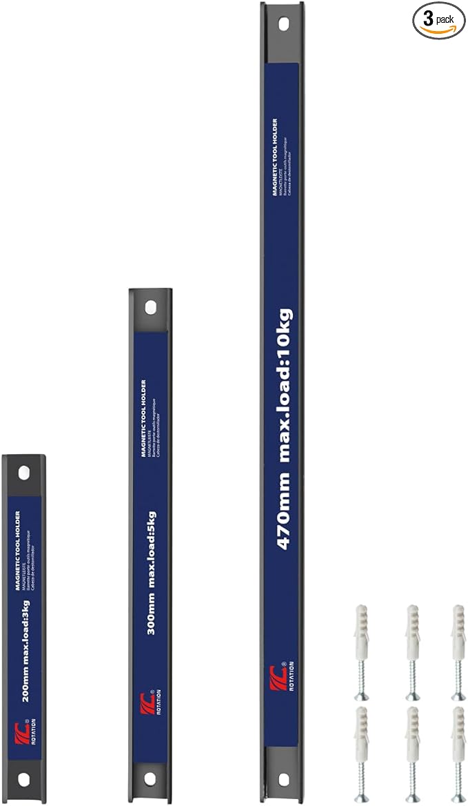 ROTATION Magnetic Tool Holder Set, 18.5”/11.8”/7.8”, 3-Piece Multi-Size Workshop Garage Kitchen Organizer, Heavy Duty Magnet Strips with Mounting Hardware