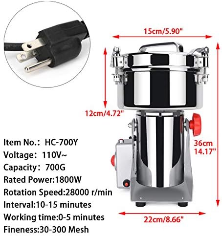 Electric Grain Mill Grinder 700g,High Speed 1800W Spice Herb Mill Grinders, Stainless Steel Pulverizer Powder Machine for Dry Cereals Grains Herbs Spice Coffee Corn Bean Pepper,Swing Type