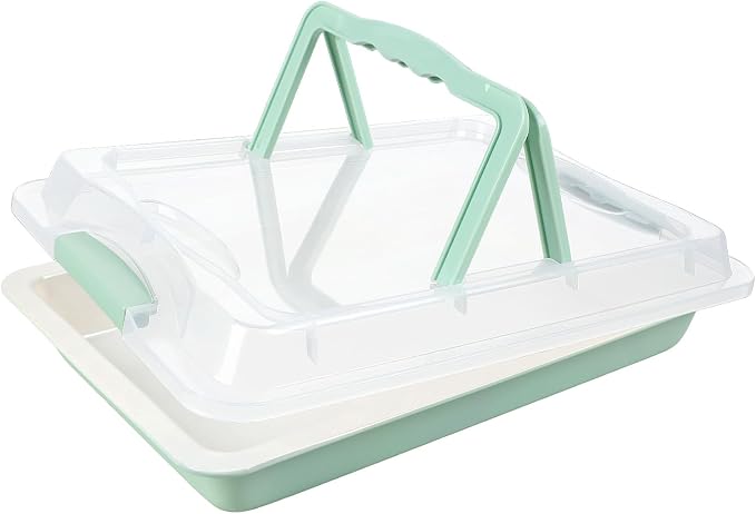 Jelly Roll Pan with Lid, 16.9"x12" Nonstick Sheet Cake Pan, 2" Deep, Snap-Lock Lid for Potluck, PFOA-Free, Oven Safe 450°F, Mint Green