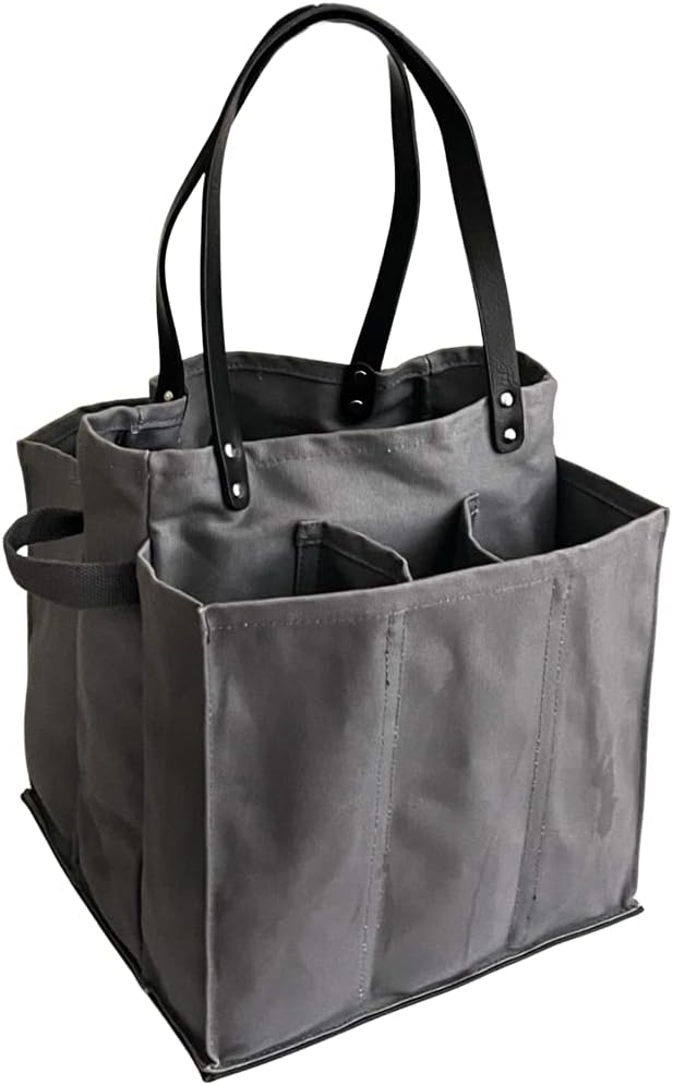 CapaBunga Farmer's Market Tote Shopping Bags with Handles - 7 Pocket Large Utility Tote Bag - Heavy Duty Canvas Utility Bag with Vegan Leather Base - Reusable Tote Bag - Grey Grocery Bag