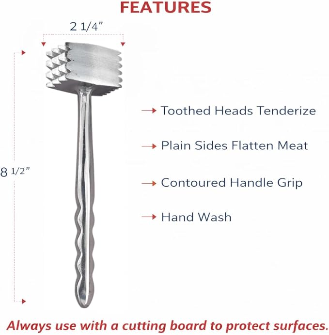 HIC Kitchen Heavyweight Meat Tenderizer Mallet Marinating Prep Tool, Double Sided, Aluminum, For Flattening Cutlets, Tenderizing Meat, And Cracking Ice