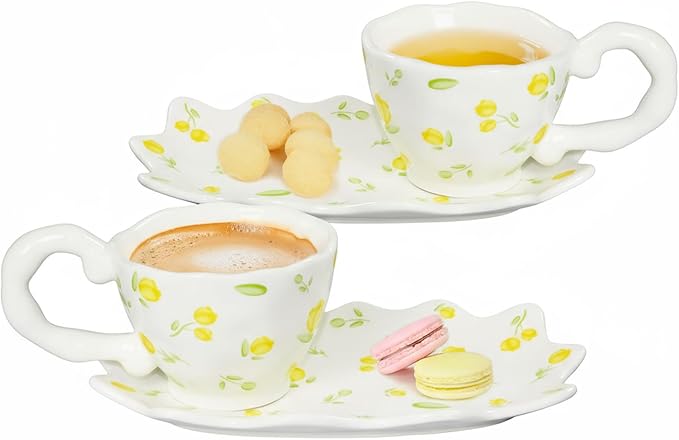 Unique Ceramic Tea Cup and Saucer Set, Coffee Mug, Cup and Saucer Set, Cute Fancy Women's Day Girly Afternoon Tea Set, 5.4 oz/160 ml Vintage Style, For Women and Tea Parties, Yellow flowers