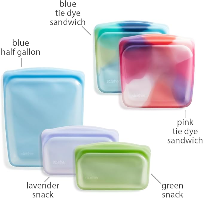 Stasher Silicone Reusable Food Storage Bags, 5-Pack, Reusable Freezer Bags, Microwave, Dishwasher, Oven Safe, Sous Vide, Premium Lunch Containers, Eco Friendly, Food-safe Silicone Snack Bag, Tie Dye | Reusable Food Bag