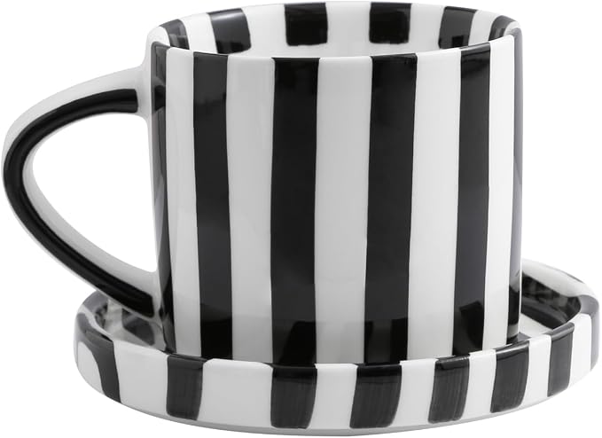 Cup and Saucer Set Hand-Painted Black Stripes, 8 Oz Ceramic Coffee Mug, Espresso Cups, Porcelain Coffee Cup for Cappuccino, Espresso, Coffee, Tea, Cafe Mocha, Latte, Set of Cup Gift for Coffee Lover