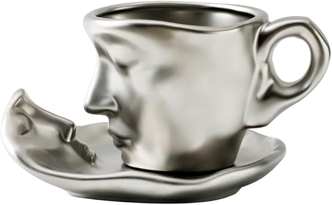 Abstract art teacup kissing lover stereo face sculpture coffee cup, 260ml ceramic coffee cup saucer(8.8oz)