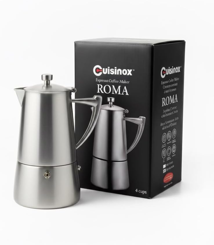 CUISINOX Roma Satin Stainless Steel Moka Pot Stovetop Espresso Maker, 4-Cup (6 oz)