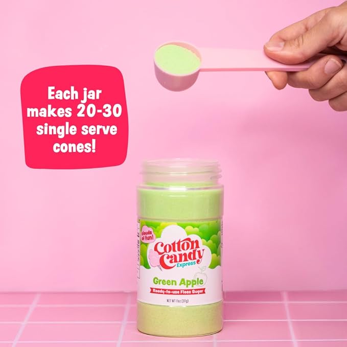 Cotton Candy Express Floss Sugar plus Cones with 3 - 11oz Plastic Jars of Bubble Gum, Green Apple & Pina Colada Flossing Sugars. 50 Paper Cones Included. Use with Cotton Candy Express Machine