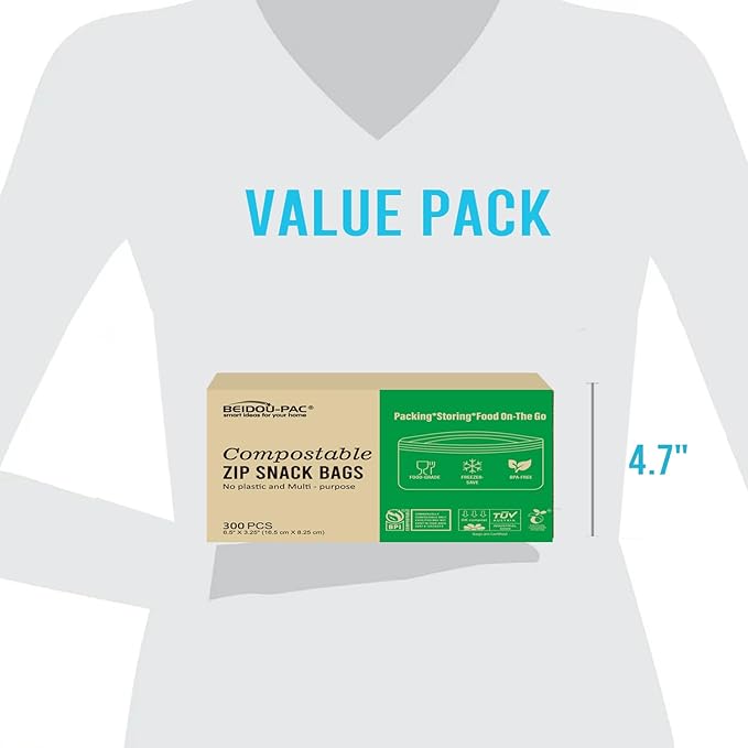 BEIDOU-PAC Compostable Snack Storage Zip Bags, 300 Count | 2 Mil | 6.5 IN x 3.25 IN, Freshness Easy Open Biodegradable Eco-Friendly Reclosable Compost zipper Bags for Food On the Go