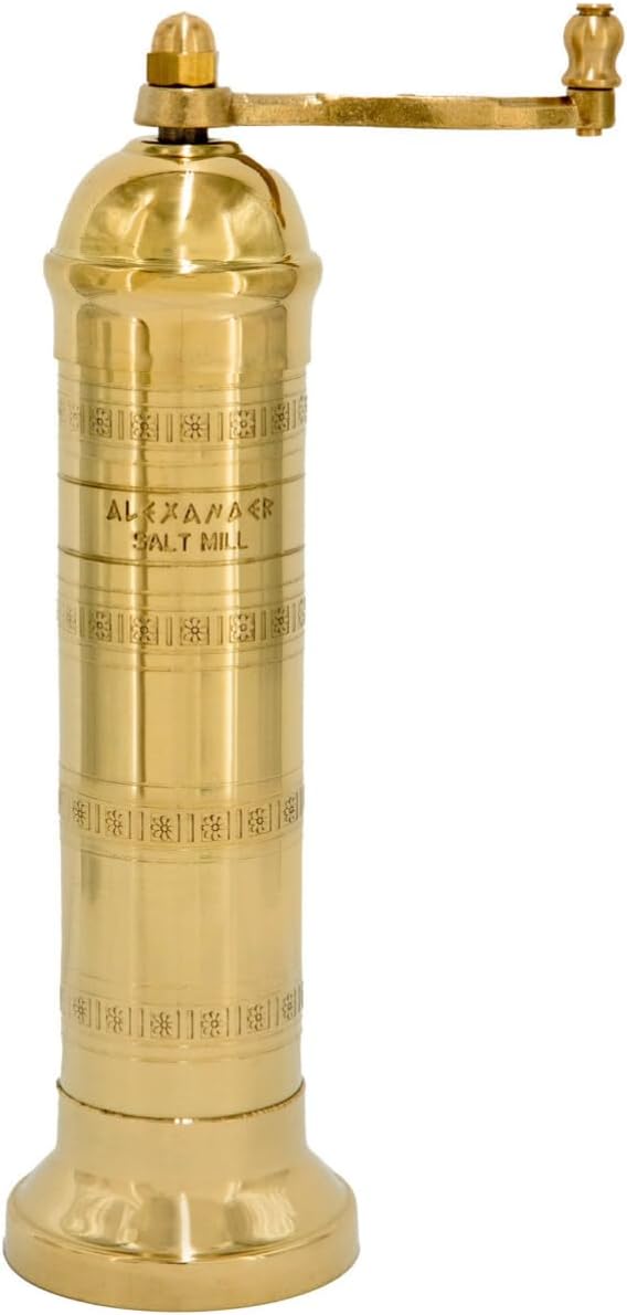 Alexander Home The Original Greek Salt Mill 8 Inch Tall | European Salt Mill Grinder with Crank Handle | Manual Salt Grinder | Salt Refillable - Brass