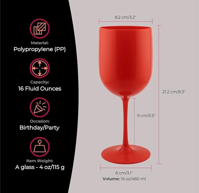 FOX & GRAPES Plastic Stemmed Wine Glasses | Unbreakable/Shatterproof, Reusable, Food Safe, Dishwasher Safe, For Birthday and Party, 16oz (Red, Set of 12)