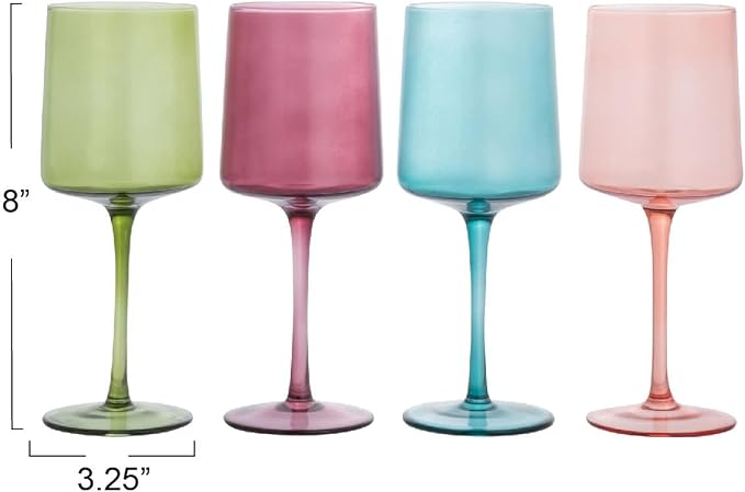 Creative Co-Op Hand Blown Stemmed Wine Glasses, 14 Ounces, 4 Assorted Colors Glassware, Multi (Pack of 6)