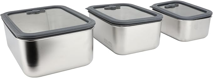 3PCS Food Storage Container Set 304 Stainless Steel Food Prep Container Lunch Box with Airtight Glass Lid for Kitchen
