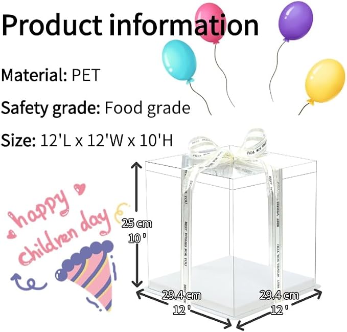 5-Pack 12-Inch Large Square Cake Box (12'x12'x11' inch) | Elegant Clear Display with Silk Ribbon Grand Gift Presentation for Tiered Cakes, Special Occasions, and Weddings