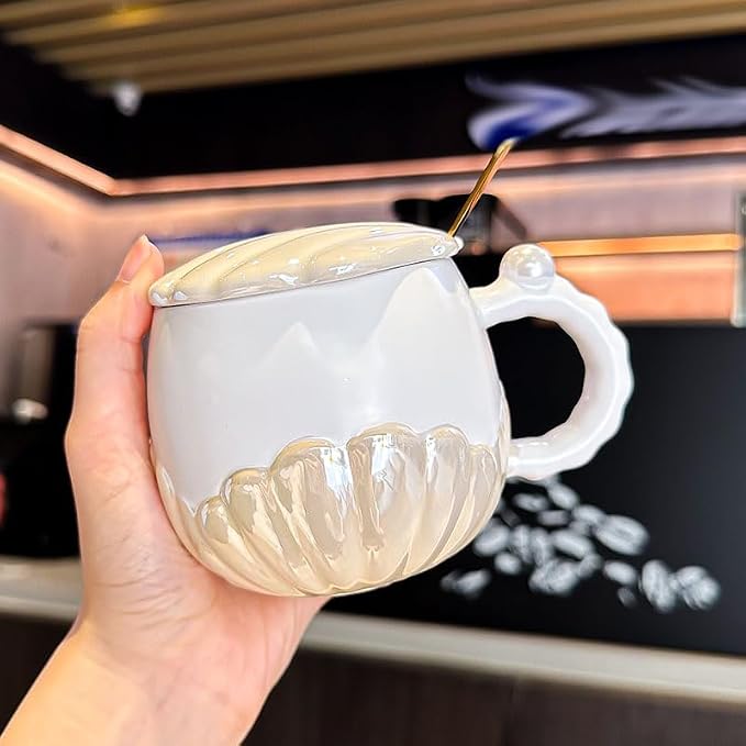 Pearl Ceramic Coffee Mug for Tea Latte Milk Cute Love Shape Cup for Home Office Women Gift 6.5 oz (Shell Round Beige, 350 ml)