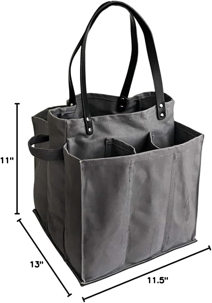 CapaBunga Farmer's Market Tote Shopping Bags with Handles - 7 Pocket Large Utility Tote Bag - Heavy Duty Canvas Utility Bag with Vegan Leather Base - Reusable Tote Bag - Grey Grocery Bag
