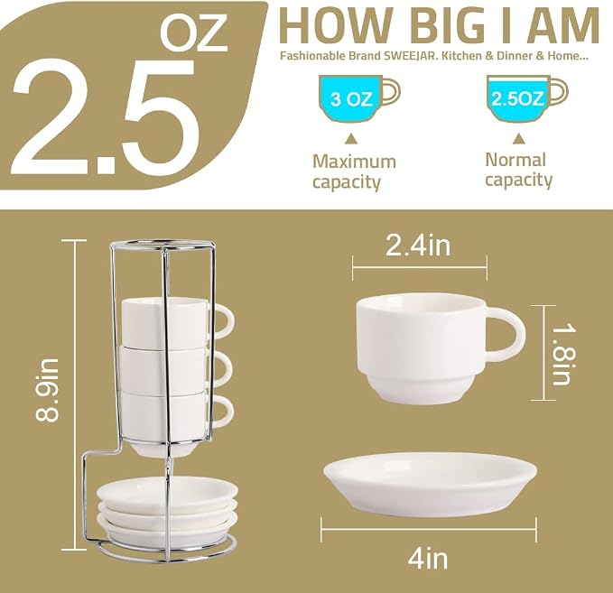 Sweejar Porcelain Espresso Cups with Saucers, 2.5 Ounce Stackable Cappuccino Cups with Metal Stand for Coffee Drinks, Latte, Tea - Set of 4 (Black)