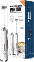Rechargeable Milk Frother Mini Handheld Wireless Cream Whipper Stainless Steel Double-headed Replaceable 3 Speeds Type-C Charging Port for Cakes and Coffee Latte Patterns (White)