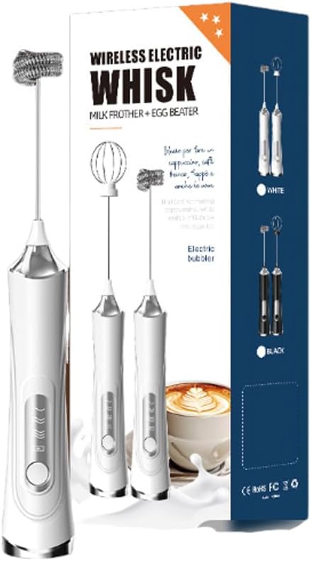 Rechargeable Milk Frother Mini Handheld Wireless Cream Whipper Stainless Steel Double-headed Replaceable 3 Speeds Type-C Charging Port for Cakes and Coffee Latte Patterns (White)