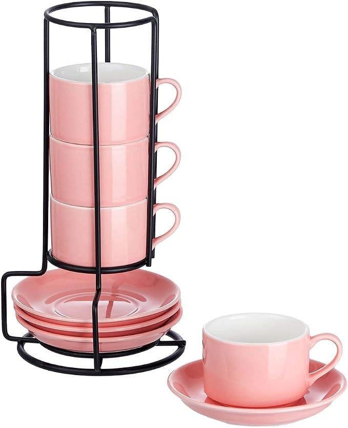 2.5oz Espresso Cups Set of 4, Porcelain Stackable Espresso Cups with Saucers and Metal Stand Set, Pink Expresso Shots Cup Set