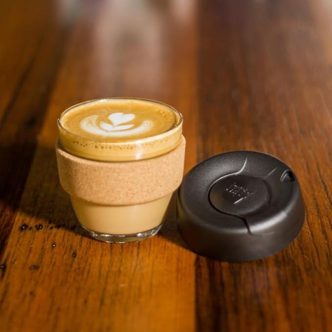 KeepCup Brew Cork, Reusable Glass Tumbler with Natural Cork, Espresso Coffee Cup 6oz/227ml - Black