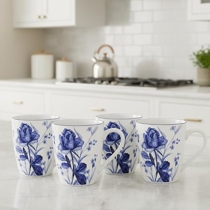 Lorren Home Trends Floral Rose Coffee Mug Set of 4, 12 Oz, Microwave and Dishwasher Safe, Bone China (DARK BLUE)