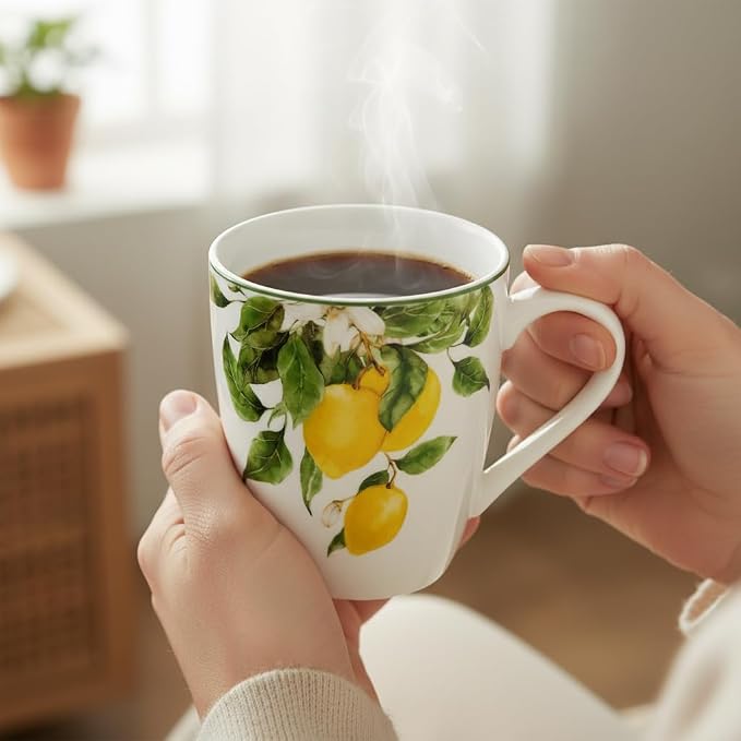 Lorren Home Trends Bone China Lemon Print Coffee Mug Set of 4, 12 Oz, Microwave and Dishwasher Safe (YELLOW)
