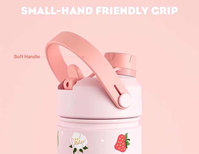 18 oz Kids Water Bottle: Leakproof, 2-in-1 Straw Spout Lid, BPA-Free, Easy Carry, Keep Cold 24H, Insulated Stainless Steel Cup for Backpack, Sports, Camping, Trip, Gift, Home (Sun-Kissed Strawberry)
