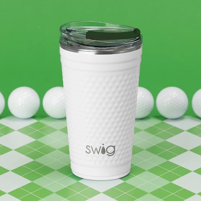 Swig Life 24oz Party Cup, Stackable Insulated Travel Coffee Tumbler with EZ Slider Lid, Cup Holder Friendly, Stainless Steel 24 oz Tumbler, Reusable Coffee Mug (Golf Ball)