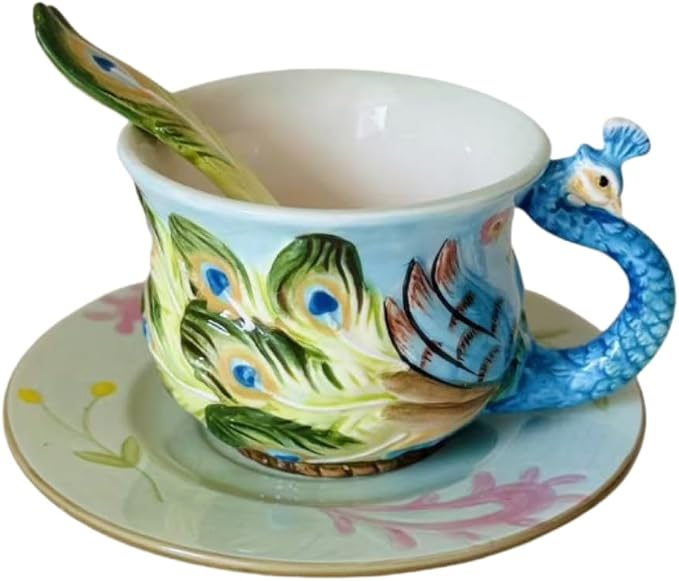 Ceramic Tea Cup and Saucer Set ，6OZ 3D Hand-Painted Peacock Coffee Mug，Gift for Women