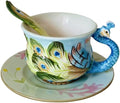 Ceramic Tea Cup and Saucer Set ，6OZ 3D Hand-Painted Peacock Coffee Mug，Gift for Women