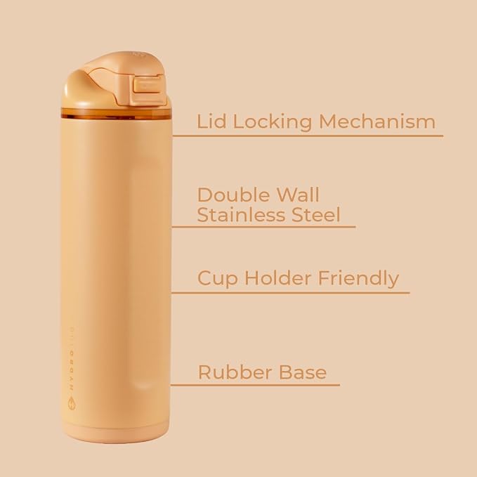 HydroJug Ease2o Water Bottle with Straw & Chug Lid, Stainless Steel, Vented Cap to Help Reduce Pressure, Water-Level Window, Cup Holder Friendly, Non-Slip Base – 24oz, Marigold