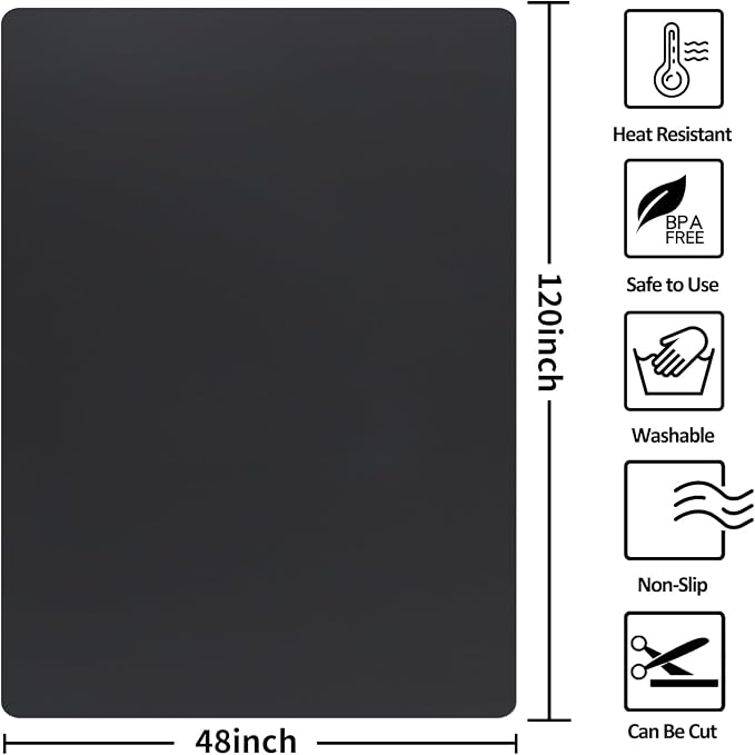 Extra Large Silicone Mat,Silicone Mats for Kitchen Counter Island Dinner Table Countertop Protector Heat Resistant Mat (120” x 48”, Black)