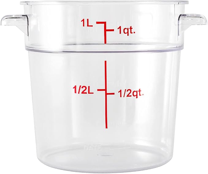 Restaurantware Met Lux 1 Quart Food Storage Container, 1 Round Commercial Storage Container - Lid Sold Separately, With Volume Markers, Clear Plastic Food Prep Bucket, Space-Saving Storage