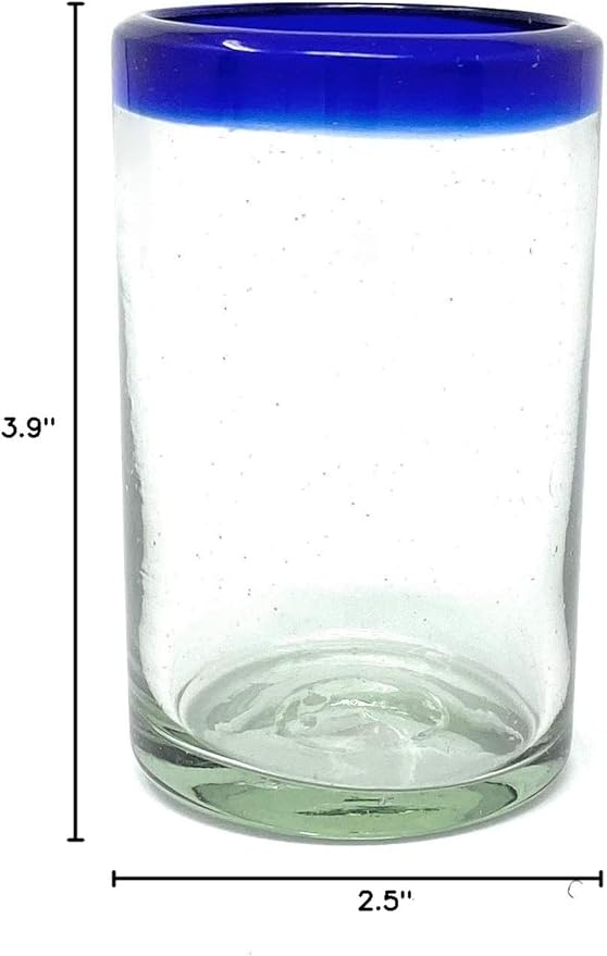 Hand Blown Mexican Drinking Glasses - Set of 6 Juice Glasses with Cobalt Blue Rims (8 oz each)