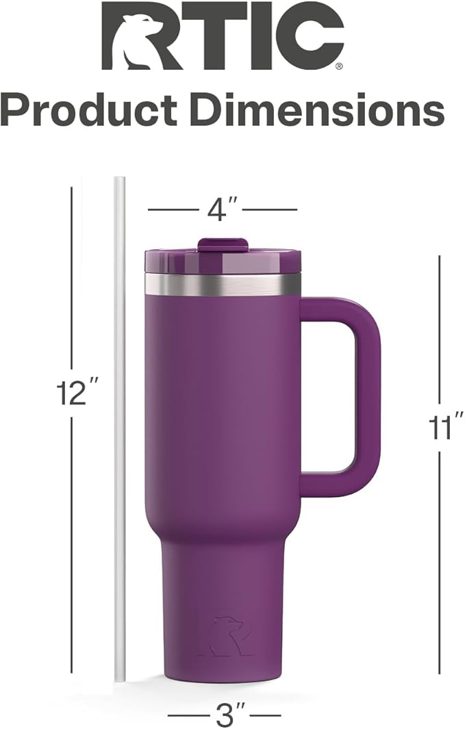 RTIC 40 oz Road Trip Tumbler Double-Walled Cermaic Lined Insulated Stainless Steel Portable Travel Coffee Mug Cup with Lid, Handle and Straw, Berry Jam